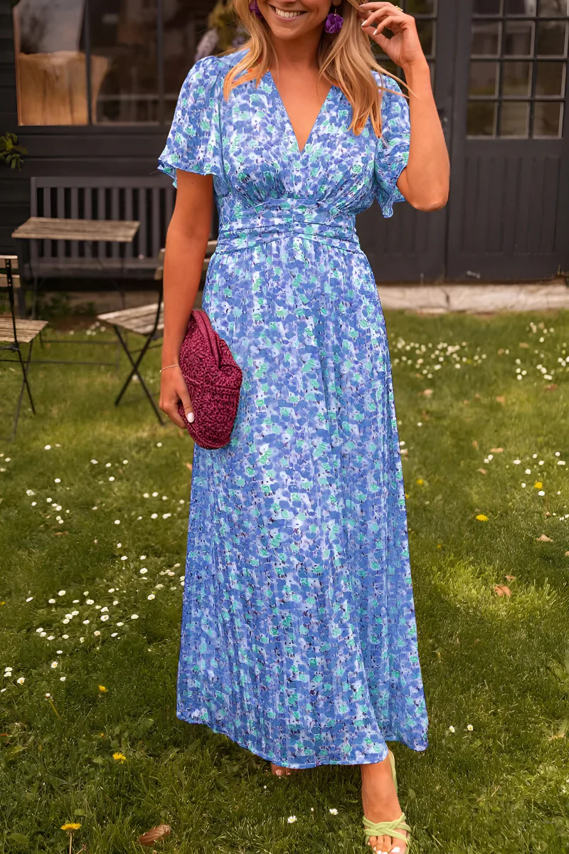 Francesca | V-Neck Flutter Sleeve Ruched Waist Floral Maxi Dress