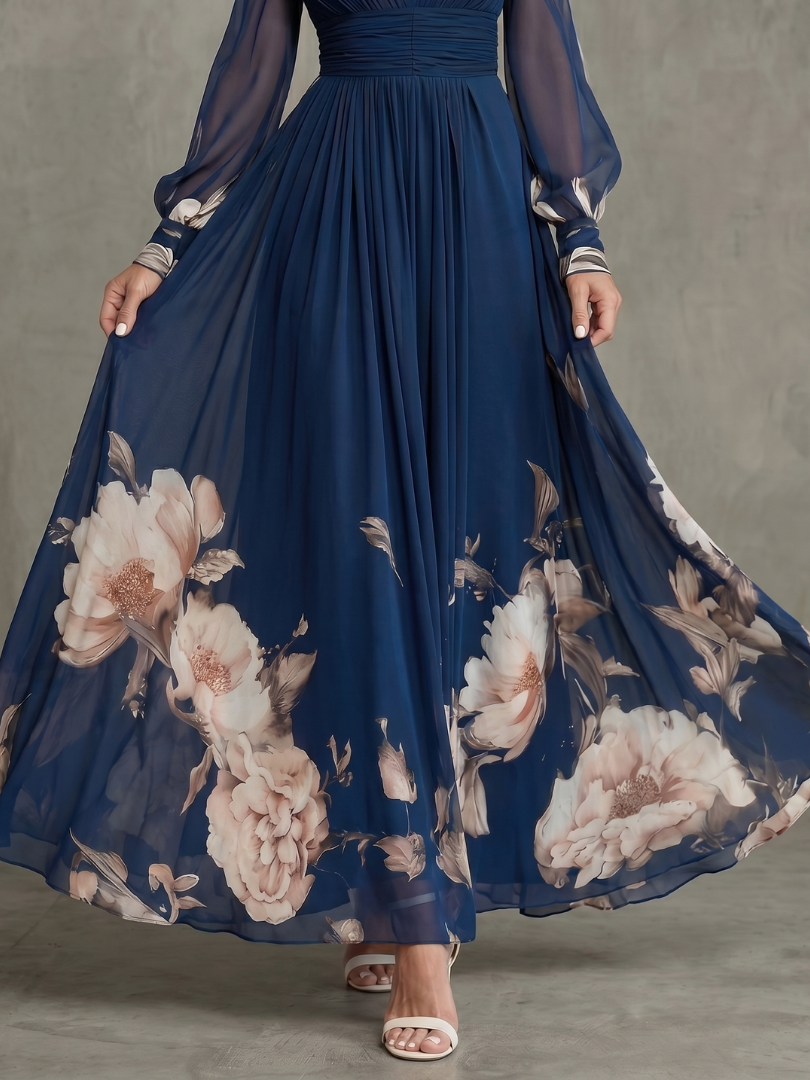 Honorine | Pleated Floral Sheer Sleeve Maxi Occasion Dress