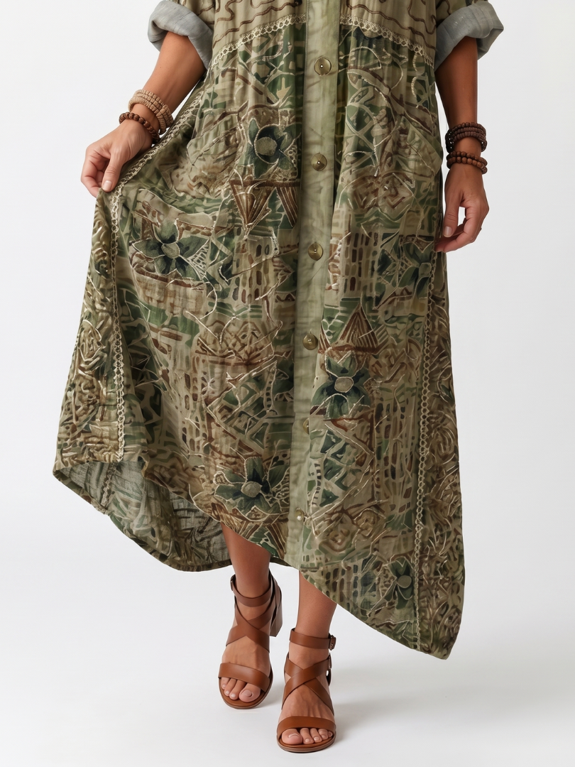 Rosalind | Boho Embroidered Pocket Midi Dress Green Relaxed