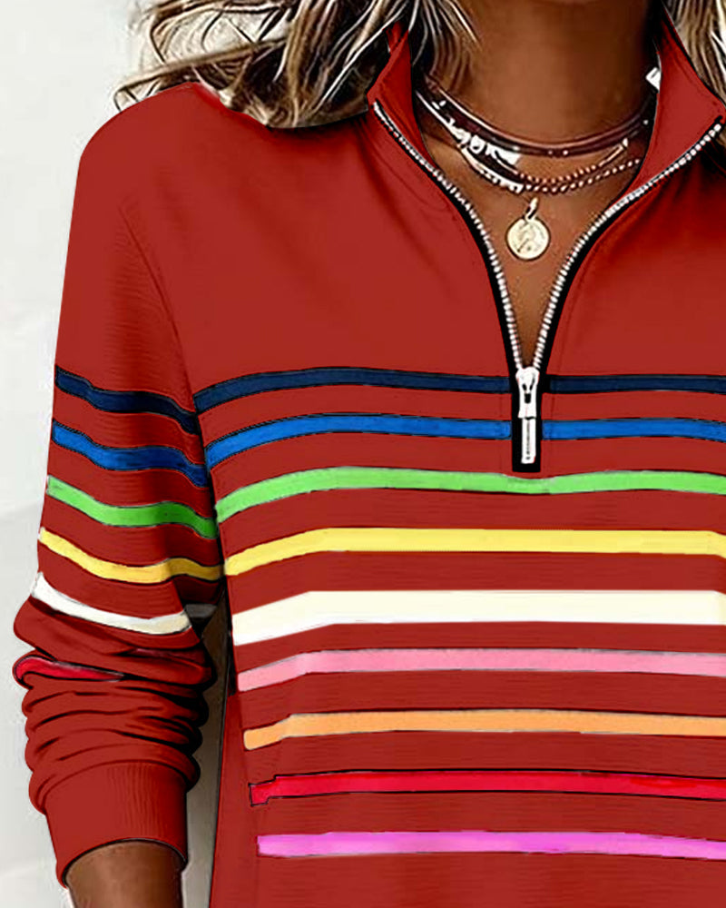 Apolline | Zip Up Sweatshirt No Hood Striped Sporty Casual
