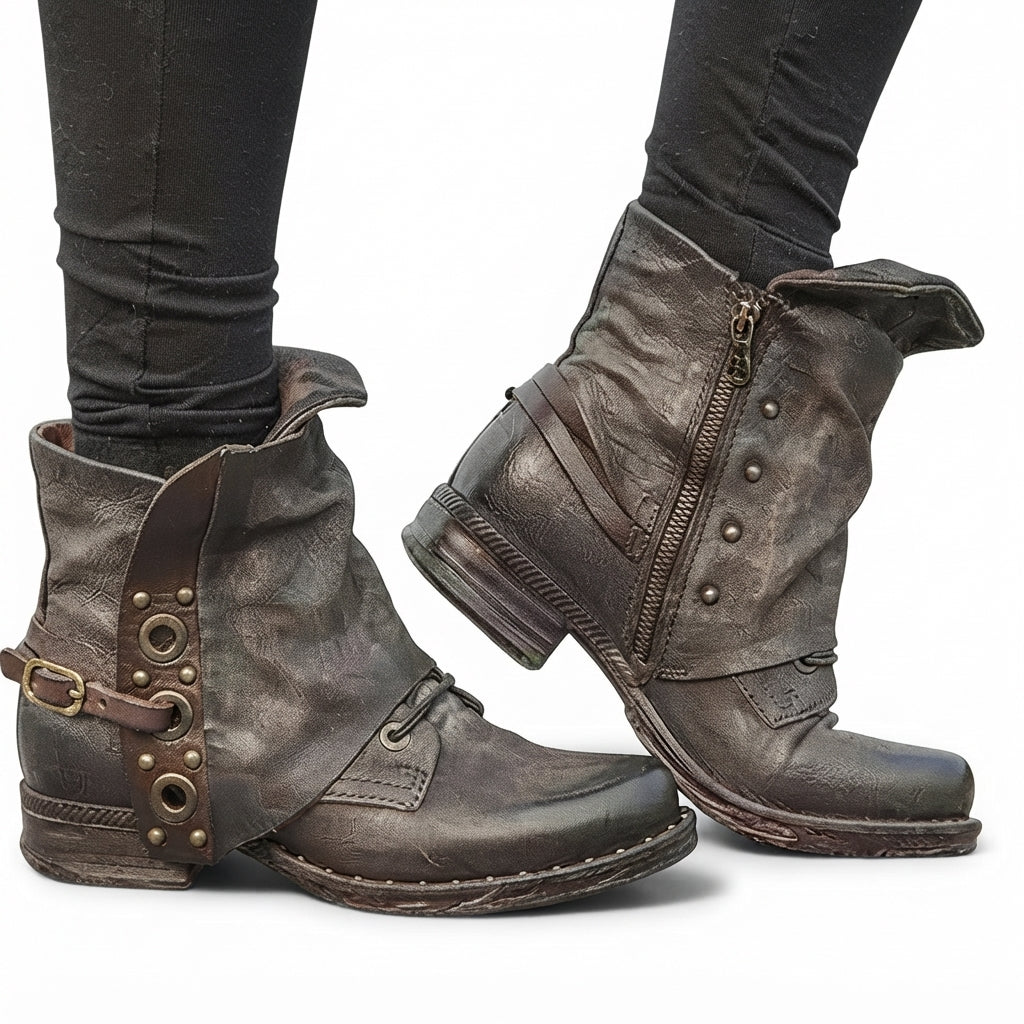 Celestine | Black Leather Chelsea Biker Boots — Brown