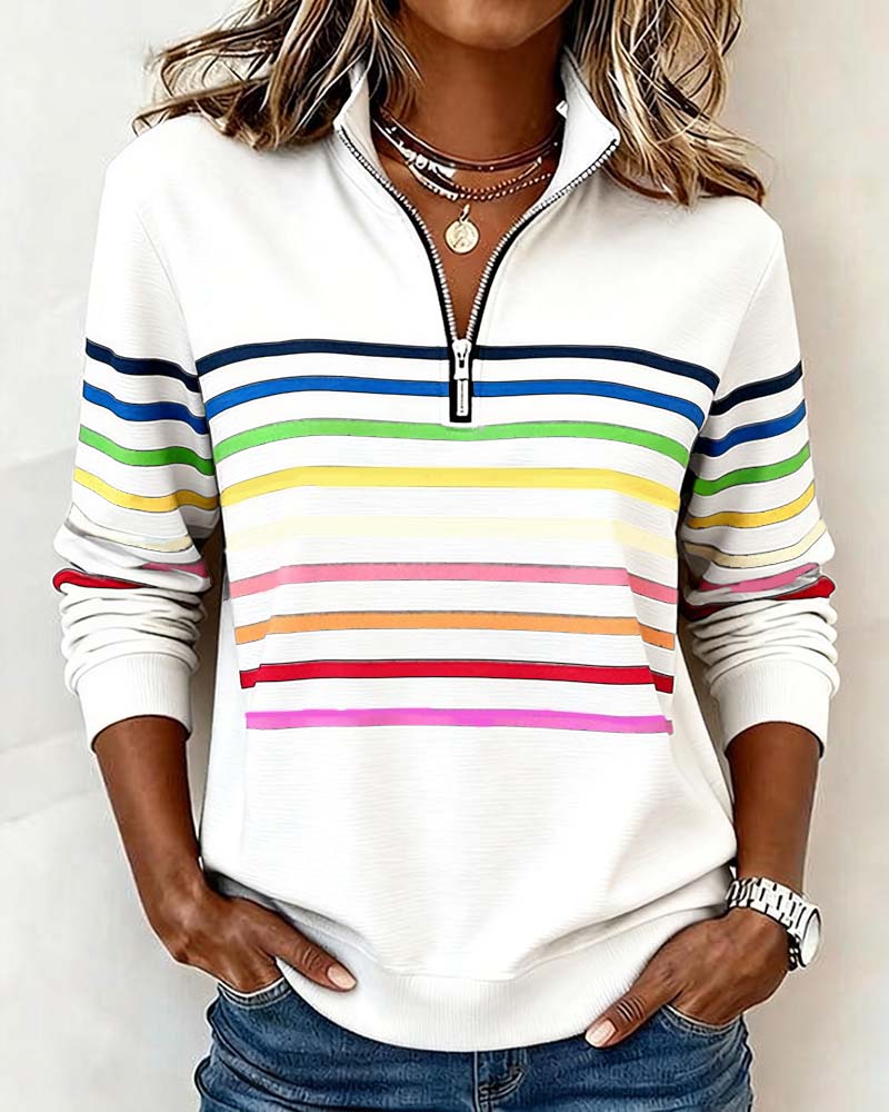 Apolline | Zip Up Sweatshirt No Hood Striped Sporty Casual