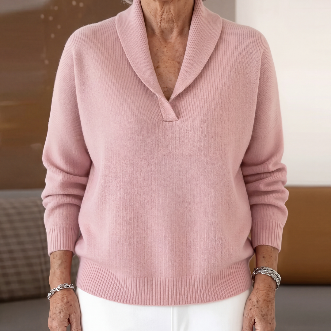 Ingrid | Cashmere Wool Blend V Neck Roll Edge Jumper — Pink