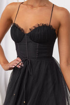 Lucinda | Black Corset Tulle Midi Dress For Weddings And Parties