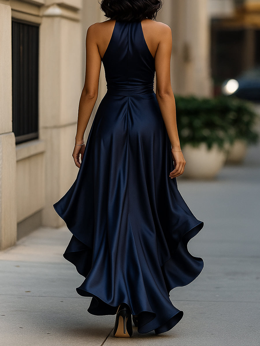 Eulalie | Satin Halter Midnight Wedding Guest Ruffle Gown