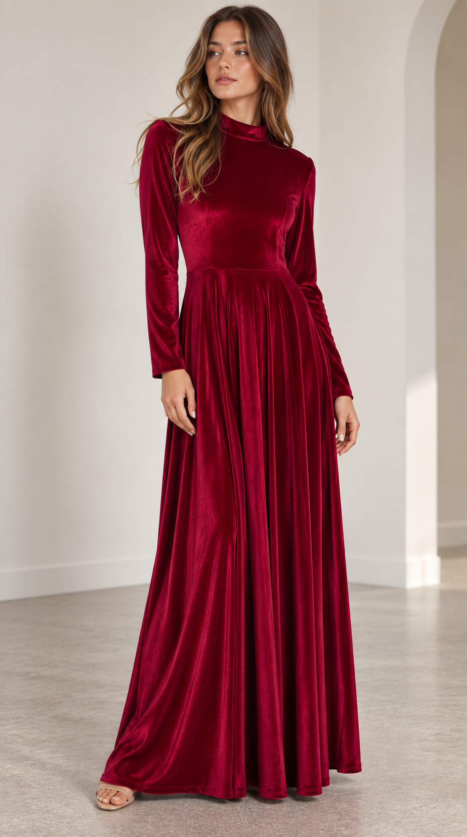 Albane | A-Line Long-Sleeve Velvet Midi Wedding Guest Dress