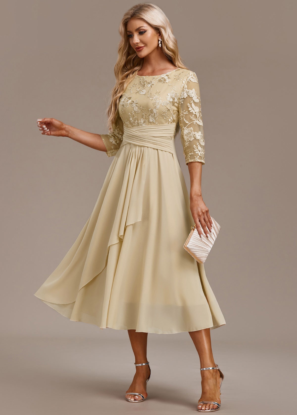 Henriette | Gold Sequin Dress Flowing Chiffon Occasion — Champagne Gold