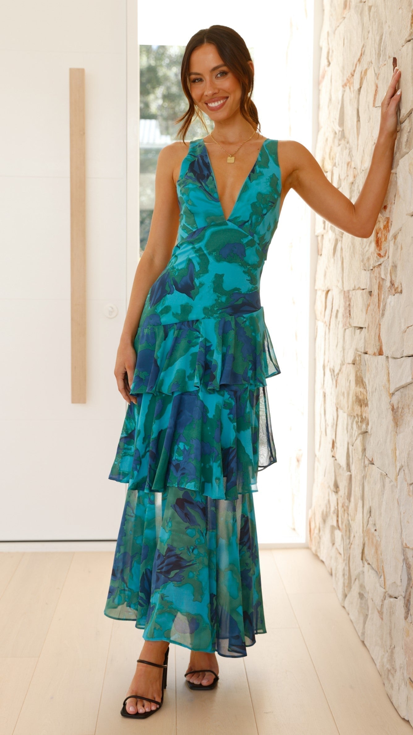 Penelope | Long Sleeve V-Neck Layered Wedding Guest Maxi Dress