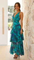 Penelope | Long Sleeve V-Neck Layered Wedding Guest Maxi Dress