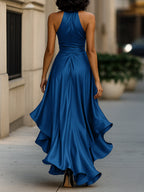 Eulalie | Satin Halter Midnight Wedding Guest Ruffle Gown