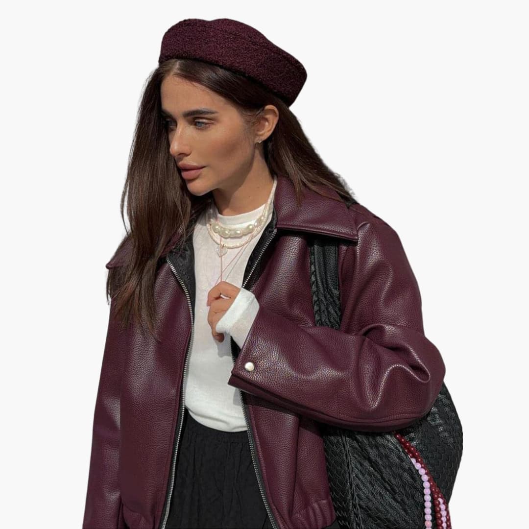 Lucinda | Women Leather Bomber Jacket in Burgundy