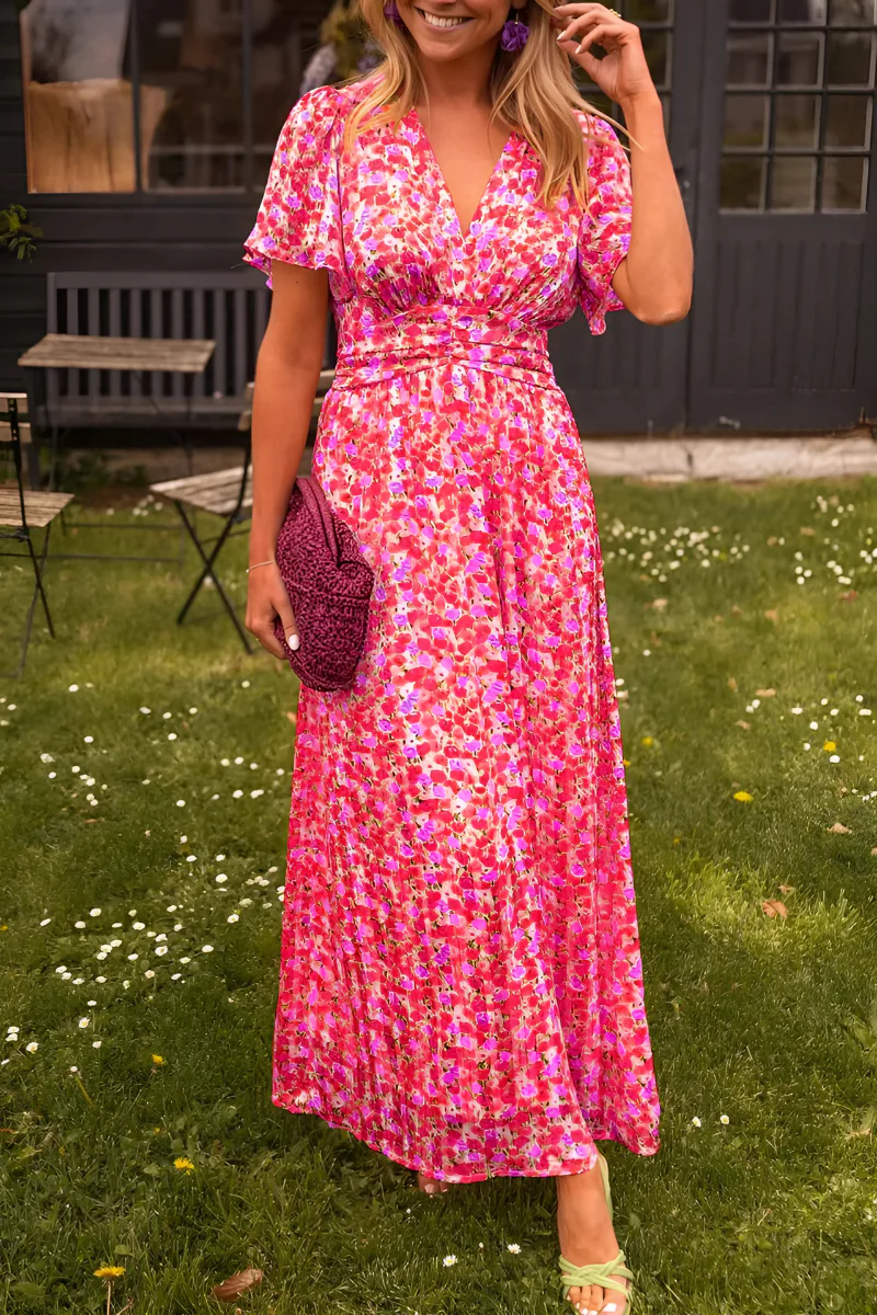 Francesca | V-Neck Flutter Sleeve Ruched Waist Floral Maxi Dress