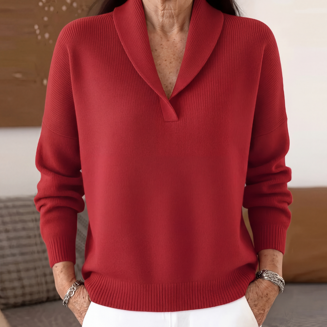 Ingrid | Cashmere Wool Blend V Neck Roll Edge Jumper — Red