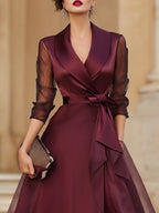 Honorine | Belted Tuxedo Wrap Evening Dress Burgundy Sheer Sleeves