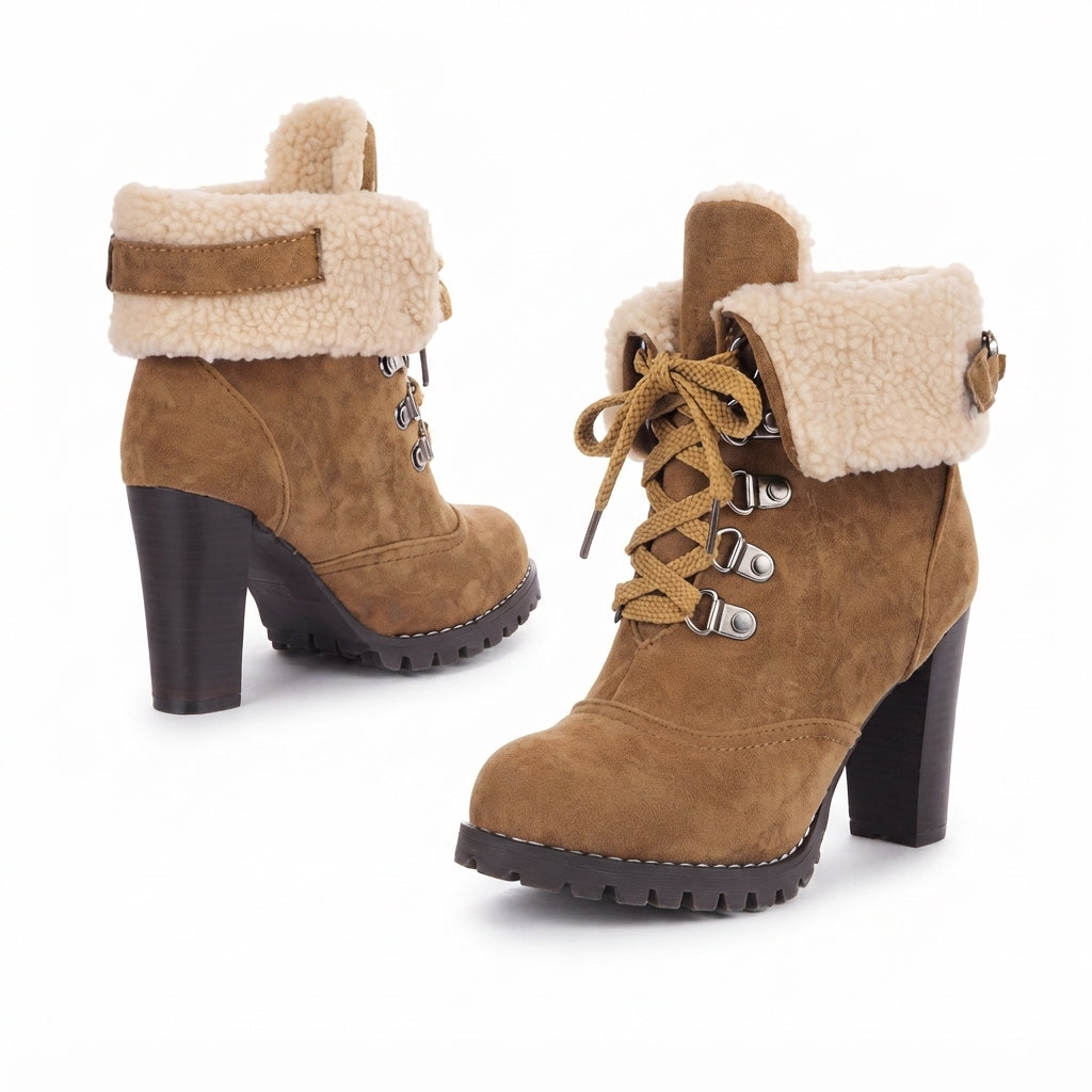 Rhoda | Black Chunky Heel Fur-Trimmed Lace-Up Ankle Boots