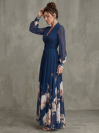 Honorine | Pleated Floral Sheer Sleeve Maxi Occasion Dress