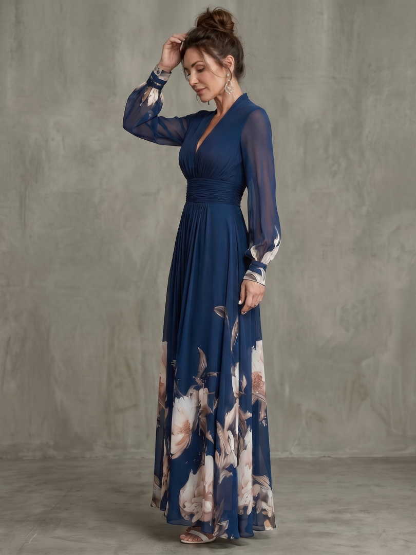 Honorine | Pleated Floral Sheer Sleeve Maxi Occasion Dress