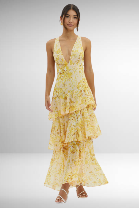 Penelope | Long Sleeve V-Neck Layered Wedding Guest Maxi Dress