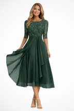 Edith | Women Long Sleeve Chiffon Midi Wedding Guest Dresses