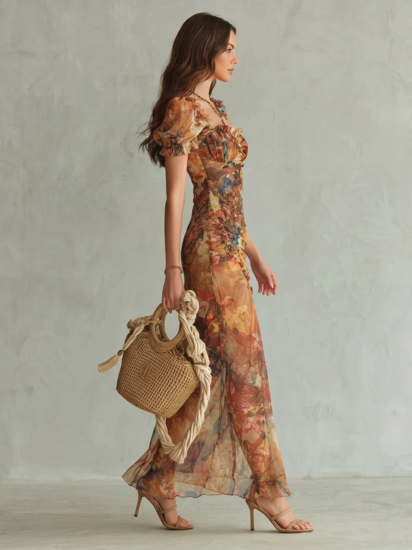 Nadia | Floral Square Neck Ruched Midi Dress With Ruffle Sleeves