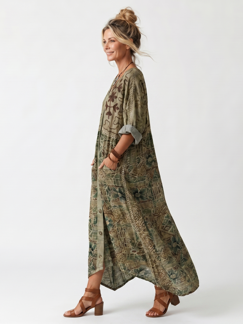 Rosalind | Boho Embroidered Pocket Midi Dress Green Relaxed