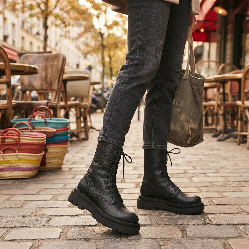 Delia | Black Leather Platform Chelsea Combat Boots