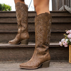Genevieve | Western Leather Knee High Block Heel Boots Black Brown — Brown