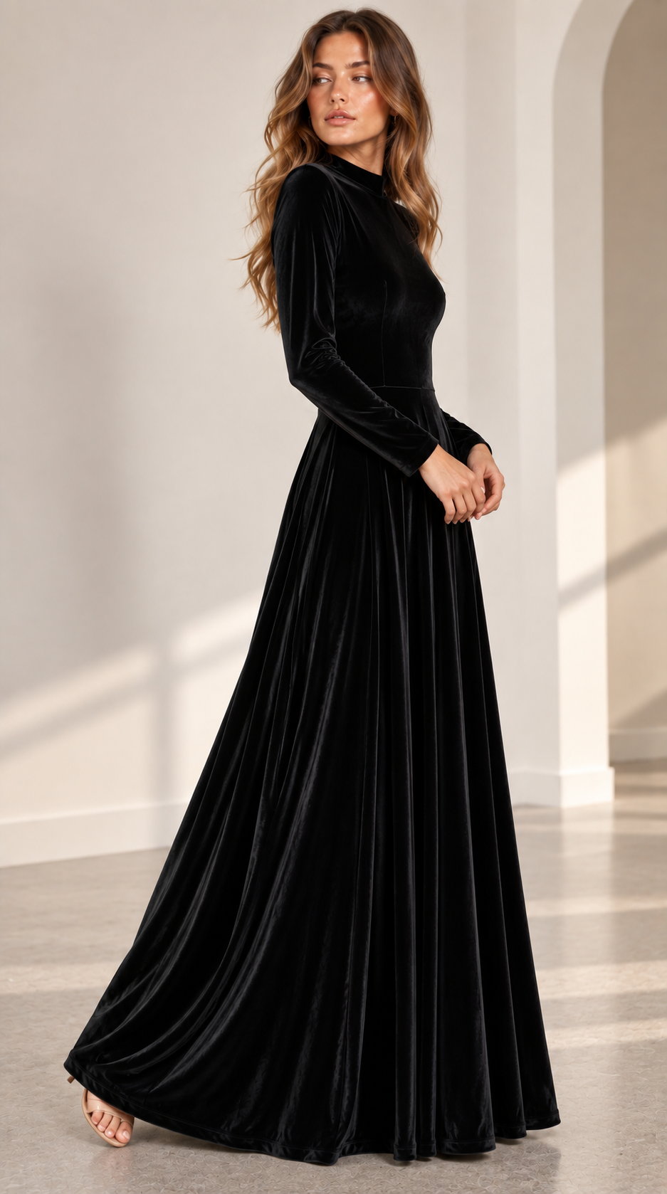 Albane | A-Line Long-Sleeve Velvet Midi Wedding Guest Dress