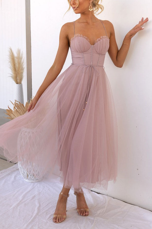 Edith | White Tulle Midi Dress With Corset Bodice