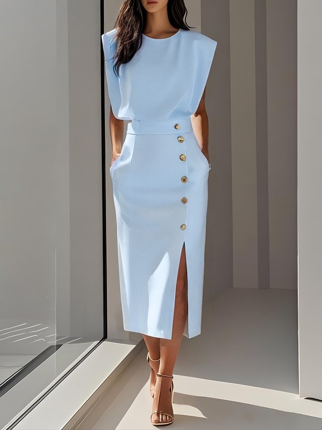 Capucine | Formal Midi Dress With Flowing Silhouette — Light Blue