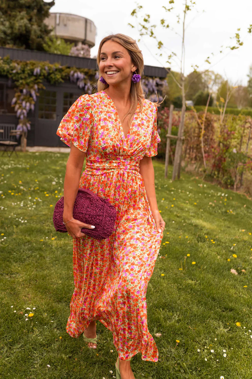 Francesca | V-Neck Flutter Sleeve Ruched Waist Floral Maxi Dress