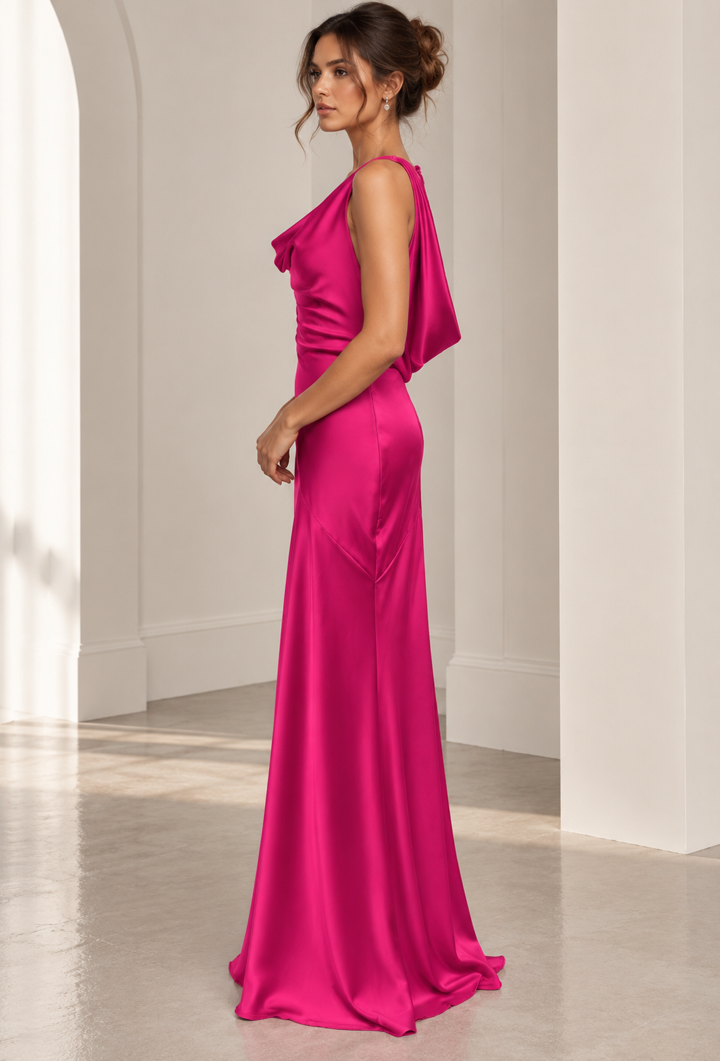 Anouk | Fuchsia Cowl Neck Satin Maxi Wedding Guest Dress