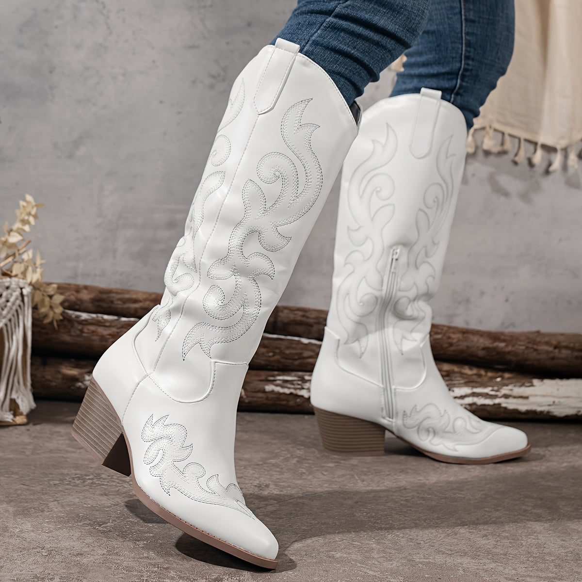 Genevieve | Western Leather Knee High Block Heel Boots Black Brown