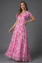 Esmee | Winter Wedding Guest Dresses Floral Maxi Flutter Sleeve