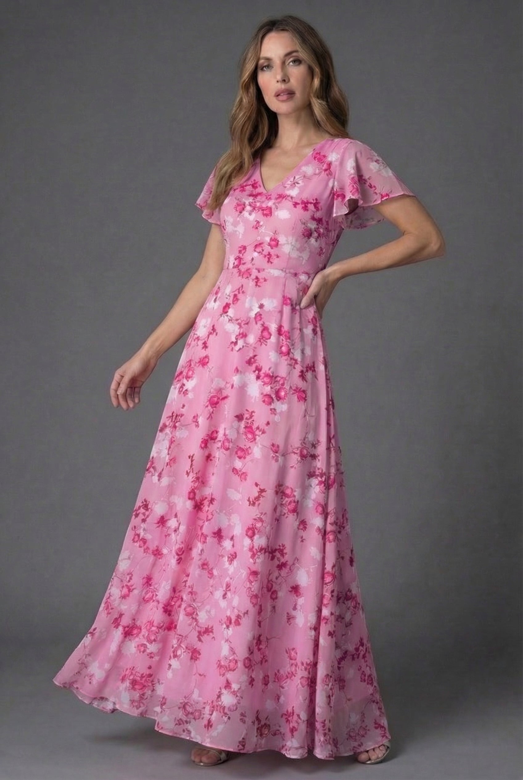 Esmee | Winter Wedding Guest Dresses Floral Maxi Flutter Sleeve