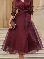 Honorine | Belted Tuxedo Wrap Evening Dress Burgundy Sheer Sleeves