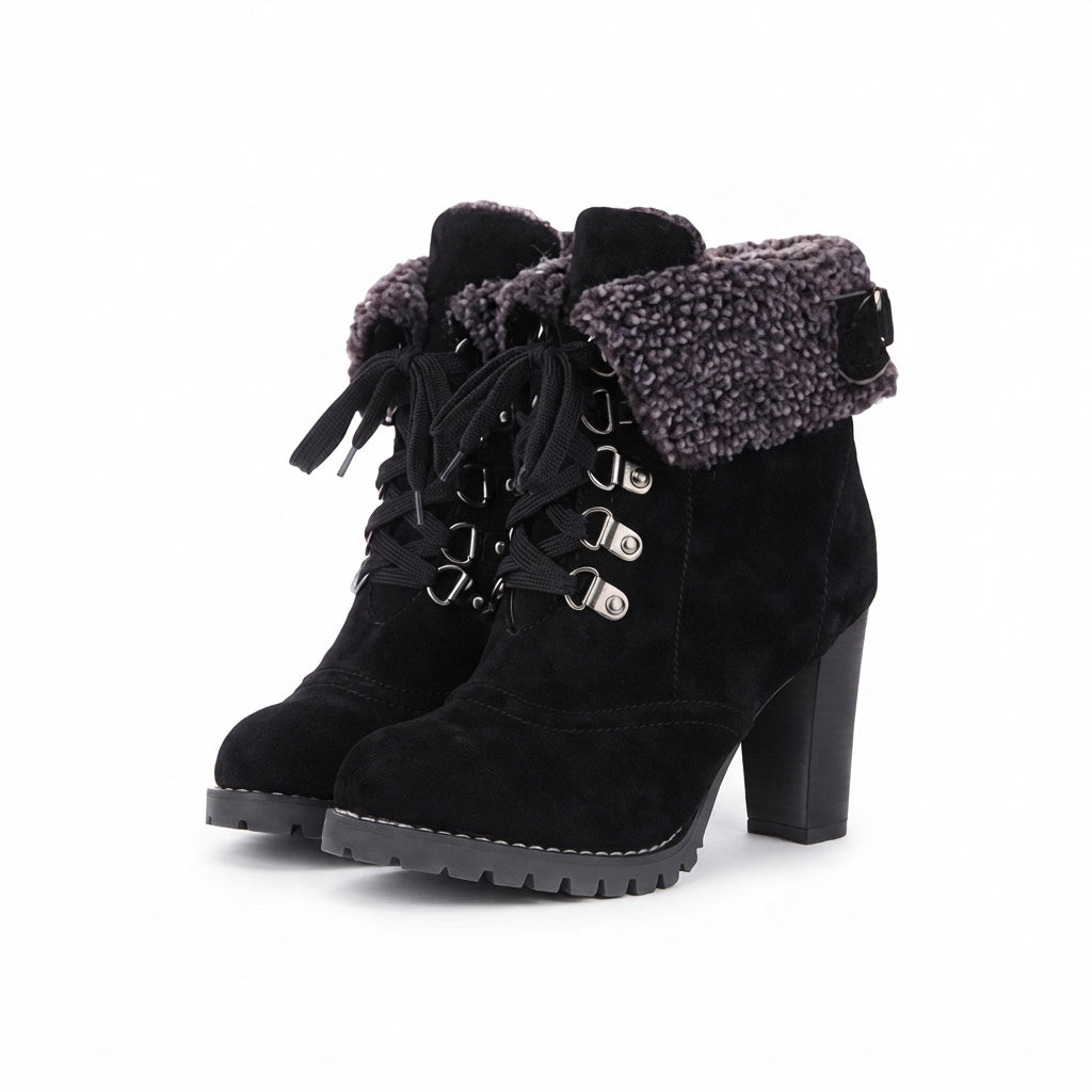 Rhoda | Black Chunky Heel Fur-Trimmed Lace-Up Ankle Boots — Black