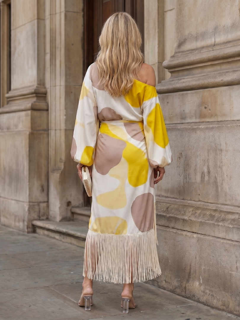 Philippa | Abstract Print Off Shoulder Fringe Midi Dress