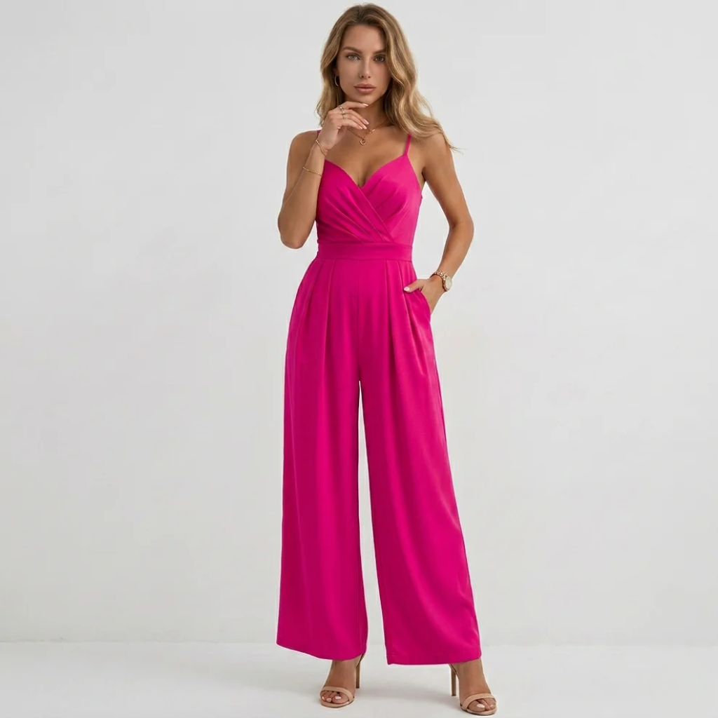 Camille | Wide Leg Pleated Casual Jumpsuit With Tie Waist