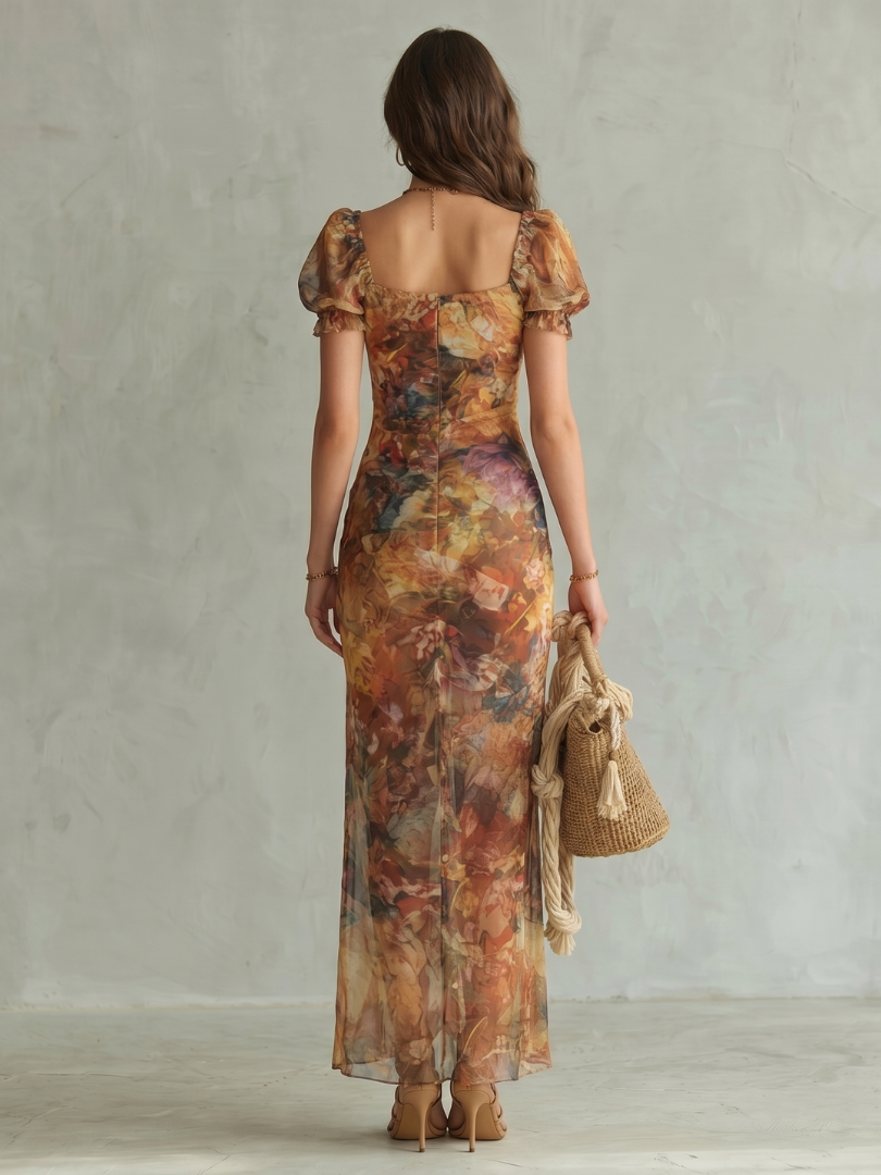 Nadia | Floral Square Neck Ruched Midi Dress With Ruffle Sleeves