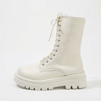 Delia | Black Leather Platform Chelsea Combat Boots — White