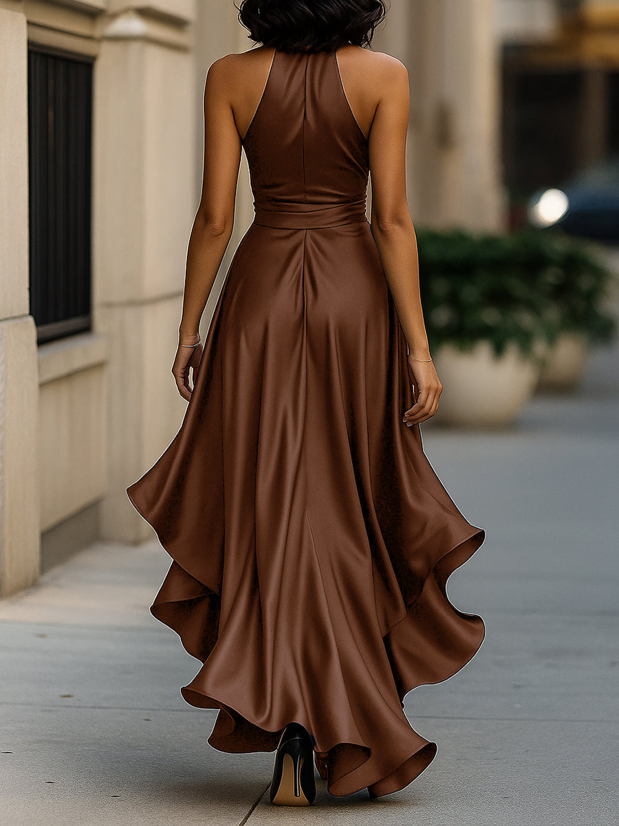 Eulalie | Satin Halter Midnight Wedding Guest Ruffle Gown