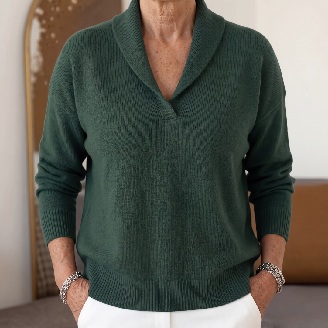 Ingrid | Cashmere Wool Blend V Neck Roll Edge Jumper — Green