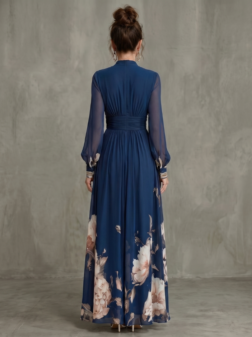 Honorine | Pleated Floral Sheer Sleeve Maxi Occasion Dress
