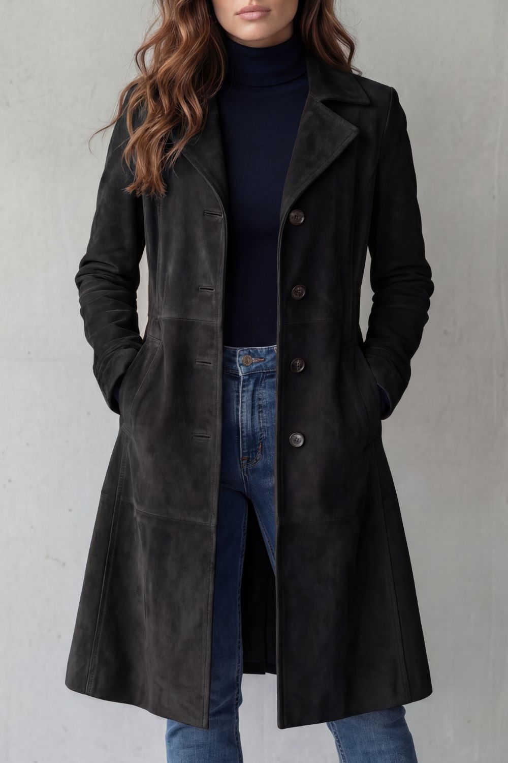 Solene | Womens Longline Coat Tailored Suede-Effect Winter — Black