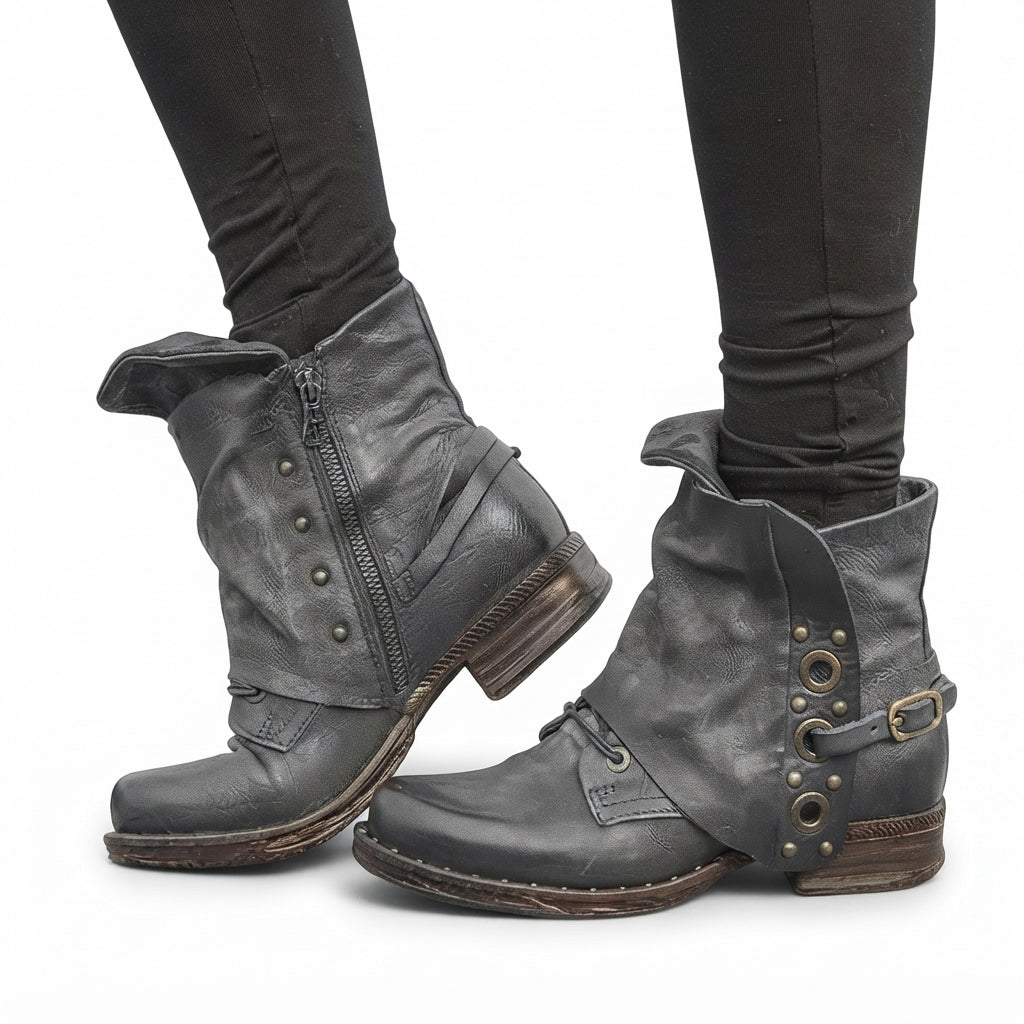 Celestine | Black Leather Chelsea Biker Boots — Grey