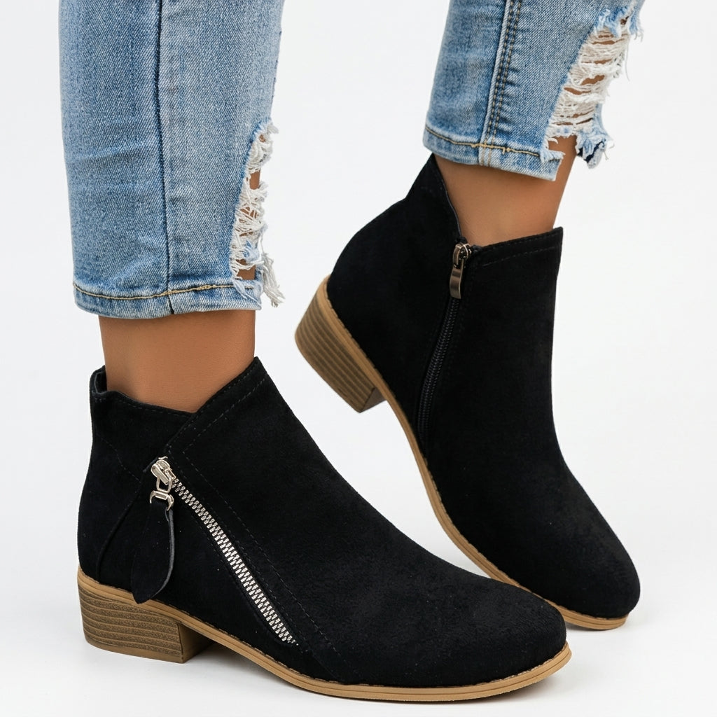 Dominique | Low Heel Black Brown Leather Ankle Boots — Black
