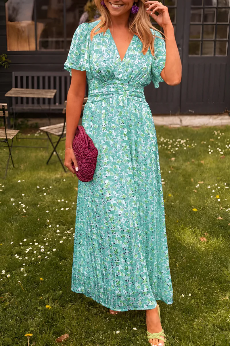 Francesca | V-Neck Flutter Sleeve Ruched Waist Floral Maxi Dress