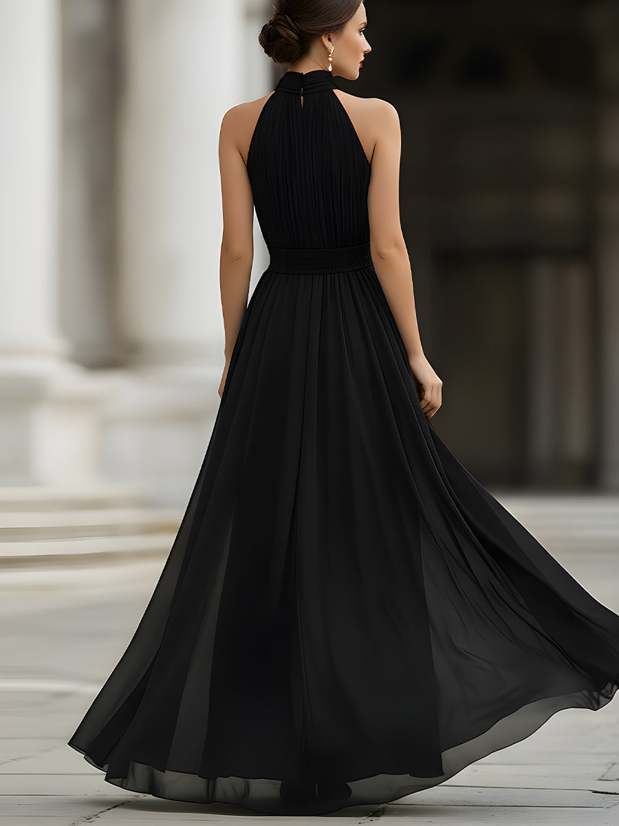 Evangeline | Halter Neck Pleated Chiffon Evening Maxi Dress