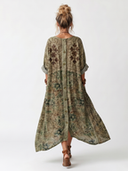 Rosalind | Boho Embroidered Pocket Midi Dress Green Relaxed
